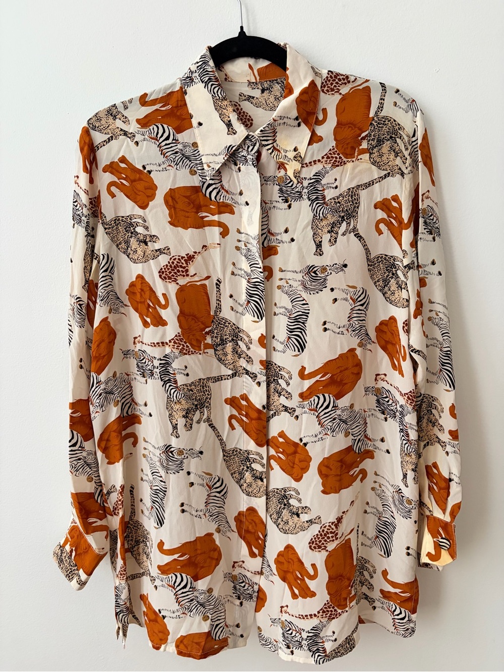 Vintage 100% silk Animal Print Button-Up Shirt in Cream and Rust
